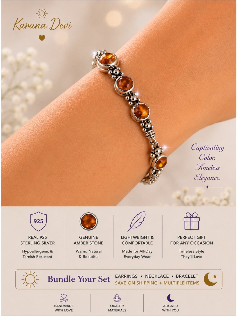 Amber Sterling Silver Bracelet with Genuine Amber Stones - Classic Brown Amber
